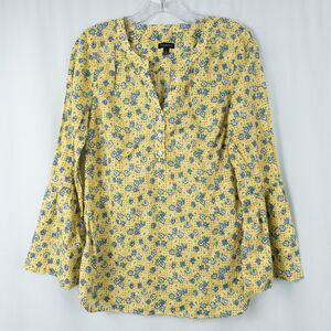 Talbots Floral Henley Bell Sleeve Blouse Womens Small Yellow Blue Hippie Boho